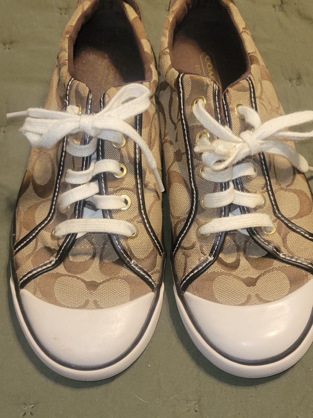Womens Coach  Tan Signature Canvas Sneakers with White Trim